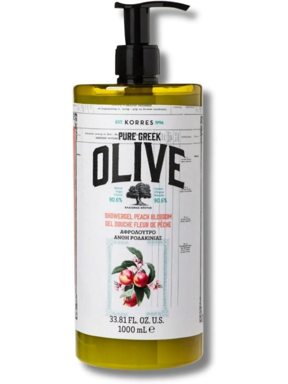 Pure Greek Olive Shower Gel - Peach Blossom Scent, 33.8 Fl Oz, Hydrating